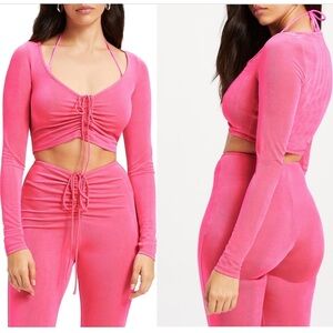 Good American Hot Pink V neck Ruched Crop Long Sleeve blouse Top Size 10-12